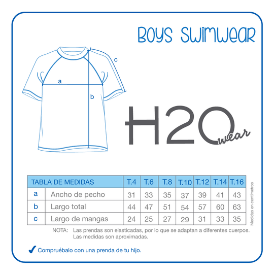 Traje de Baño Niño Polera UV50  M/Corta H2O Wear Azul